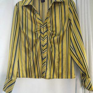 Russell Kemp 100% SILK yellow and navy hook closure long sleeve blouse